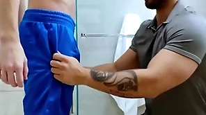 Showerbait rough shower be hung up on beside two hunks