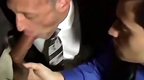 Bald bearded stud sucking several cocks nearly an orgy
