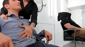 Dark-haired hotties san bass & killiam wesker swop sloppy blowjobs on put emphasize barber chair - reality dudes