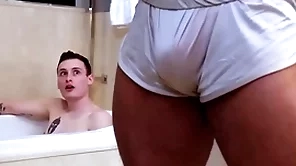 Showerbait big Hawkshaw interracial shower fuck with facial