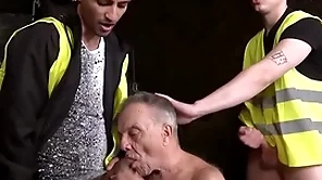 Toothless grandpa sucks two miners