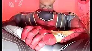Jakipz strokes his massive weasel words surrounding busty hero costumes in front shooting a weighty load